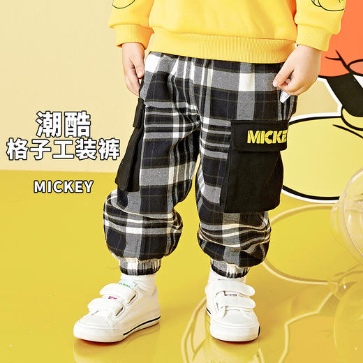 【商场同款】迪士尼宝宝冬季男童黑白格加绒长裤214DK0199 商品图0