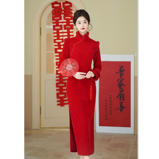 红色雪尼尔婚宴复古改良新中式婚礼旗袍GX-907574 商品图2