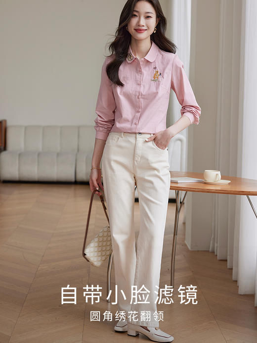 【1件83折】趣味小熊绣花纯棉衬衫女时尚减龄文艺清新长袖衬衣秋装新品 商品图2