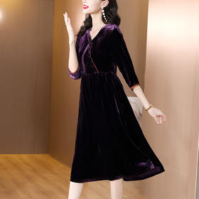 AHM lry4205复古V领金丝绒连衣裙优雅国风中长裙