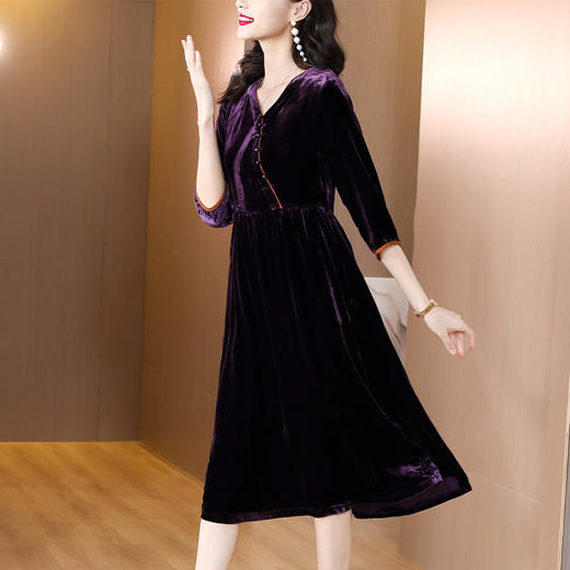 AHM lry4205复古V领金丝绒连衣裙优雅国风中长裙 商品图0