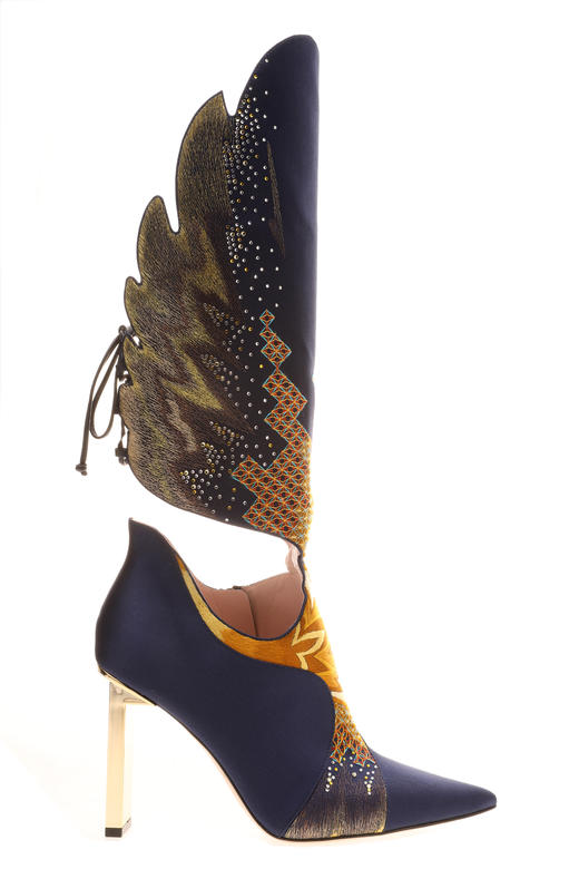 sheme鹤鸣 翱翔  丝绸刺绣  绑带 羽毛 细高跟女士高靴 商品图0