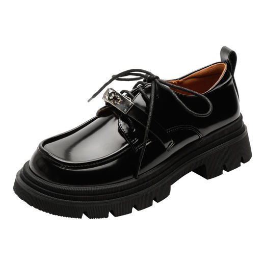 真皮厚底小皮鞋女2023年春季新款英伦风系带粗跟圆头锁扣乐福鞋子 商品图3