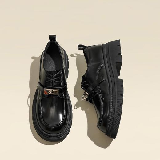 真皮锁扣2023春季英伦风系带加绒单鞋粗跟厚底松糕乐福小皮鞋女冬 商品图6