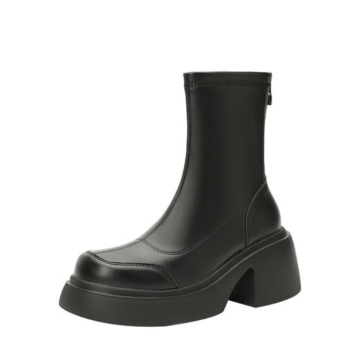 短靴女后拉链高跟时装靴轻底防水台韩版显瘦厚底增高粗跟小皮靴 商品图4