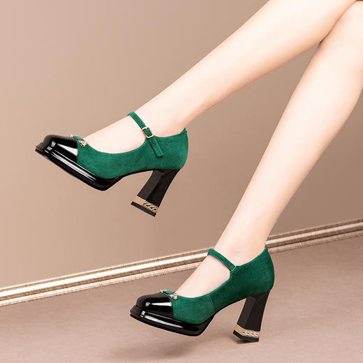 春秋新款，女真皮粗跟防水台浅口一字扣单鞋JQR-3853 商品图2