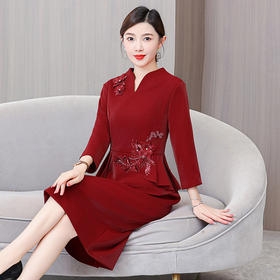AHM-5902喜婆婆婚宴装旗袍礼服裙2023冬季新款时尚气质优雅酒红色连衣裙