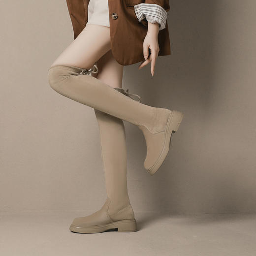 丝滑绒面过膝长靴女2023年秋冬款欧美长筒靴子系带不掉筒弹力袜靴 商品图1