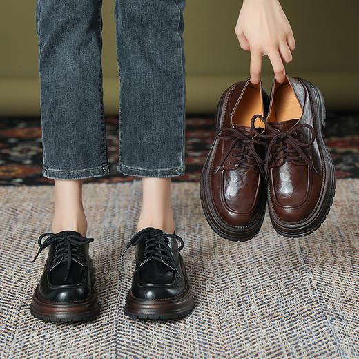 厚底小皮鞋女英伦风2025春夏新款单鞋圆头粗跟甜酷女生系带乐福鞋 商品图0