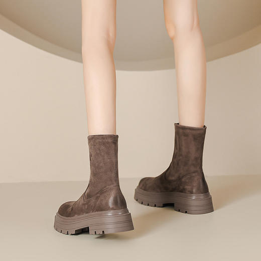 擦色短靴女秋冬新款英伦风复古弹力瘦瘦靴厚底短筒靴子绒面骑士靴 商品图2