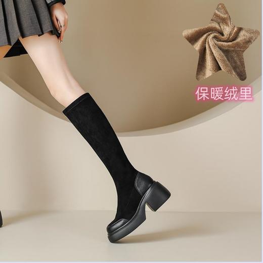 绒面厚底马丁靴长靴女秋冬款粗跟7cm高跟防水台轻底弹力显瘦高靴 商品图7