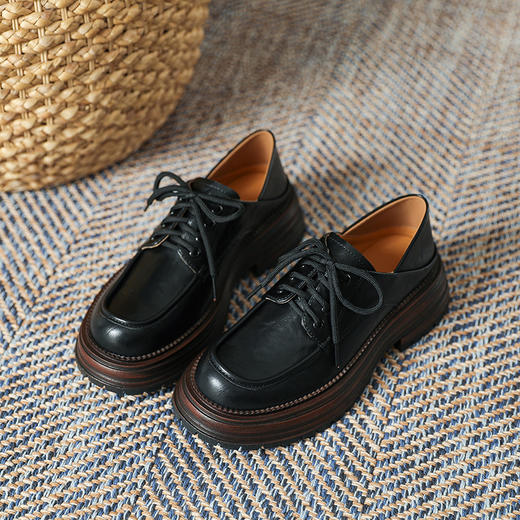 厚底小皮鞋女英伦风2025春夏新款单鞋圆头粗跟甜酷女生系带乐福鞋 商品图5