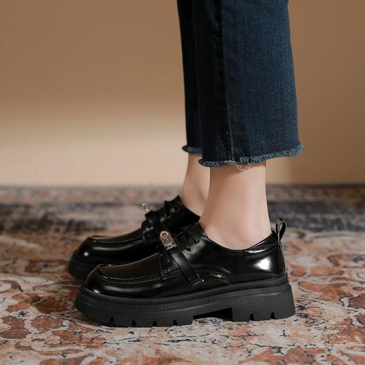 真皮锁扣2023春季英伦风系带加绒单鞋粗跟厚底松糕乐福小皮鞋女冬 商品图3