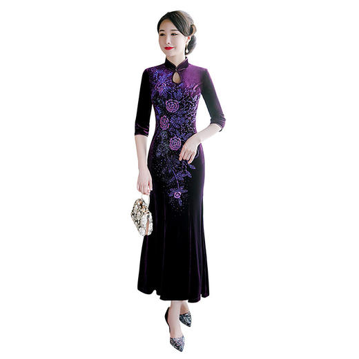 改良鱼尾旗袍连衣裙，高端演出宴会妈妈旗袍玫瑰花刺绣+烫钻礼服QQ-9550 商品图4