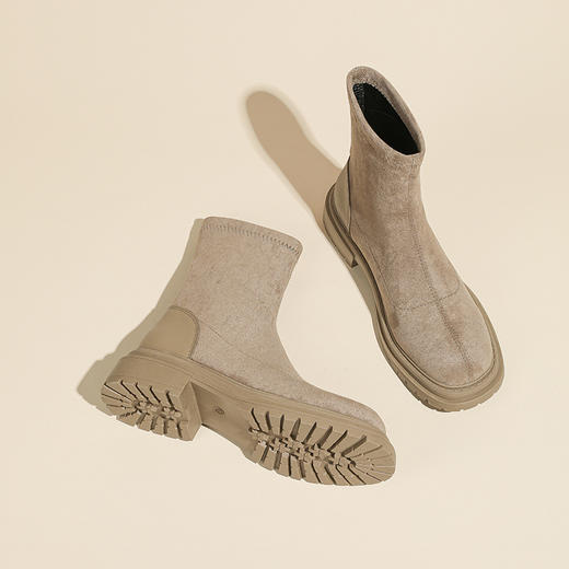 丝滑绒面短靴女2023秋冬款复古圆头短筒靴子英伦风粗跟女生瘦瘦靴 商品图0