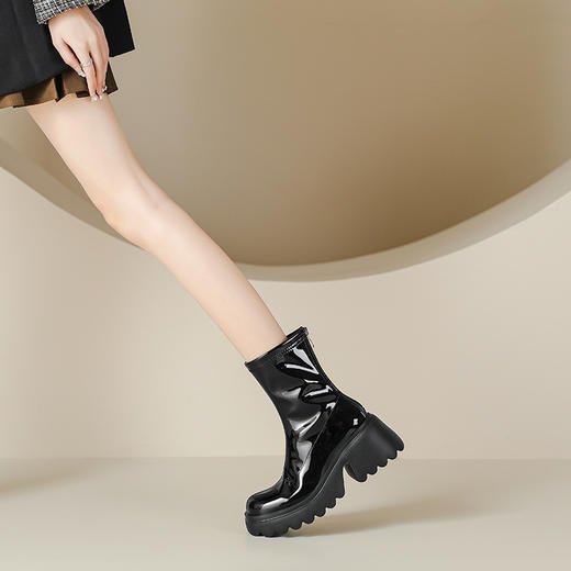 小个子女生增高厚底短靴女秋冬短筒7cm高跟漆皮粗跟瘦瘦靴防水台 商品图3