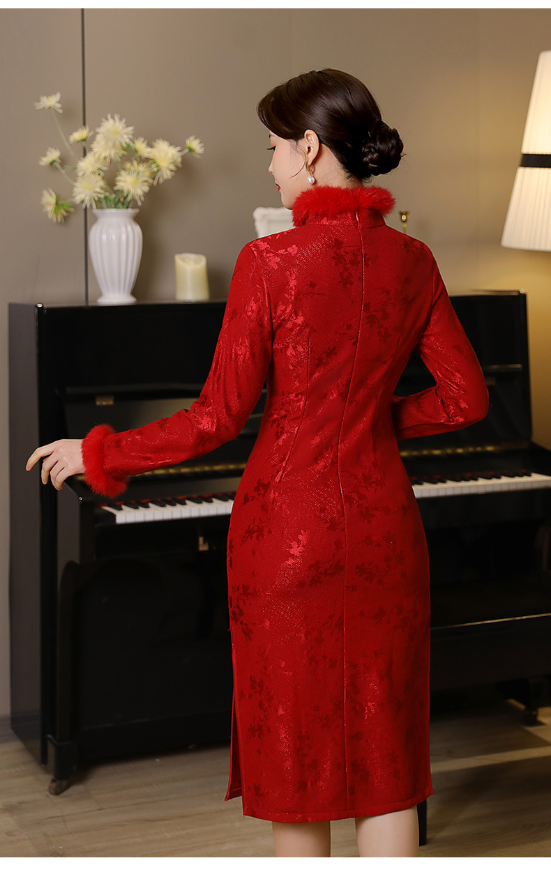 中国红喜庆宴会礼服中长款蕾丝加绒长袖毛领气质旗袍mls6296