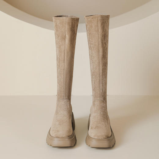 厚底长靴女2023秋冬高筒靴7cm高跟防水台增高弹力及膝松糕底靴子 商品图6