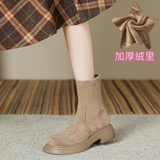短靴女2023年秋冬新款复古圆头粗跟短筒骑士靴绒面百搭瘦瘦靴女鞋 商品图8