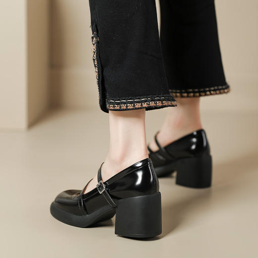 玛丽珍单鞋女2023春季新款复古真皮一字扣带高跟鞋粗跟浅口仙女鞋 商品图3