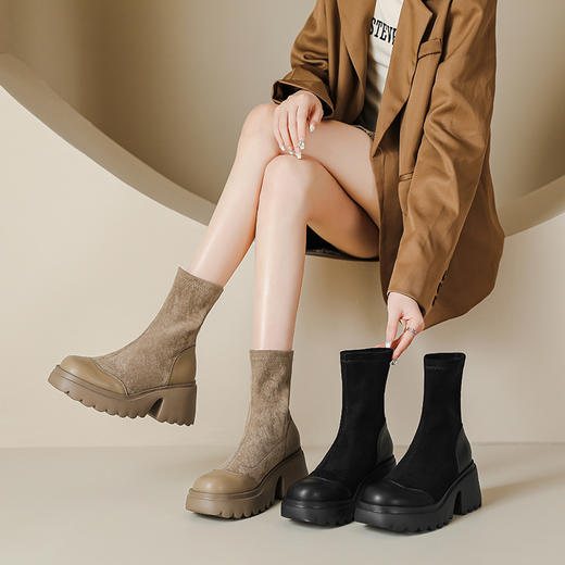 丝滑绒面马丁靴短靴女2023秋冬新款粗跟弹力靴7cm高跟显瘦靴子女 商品图0