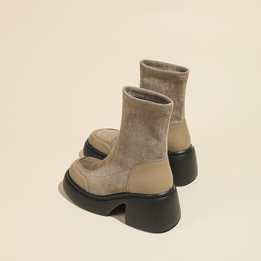 现货秒发，厚底7CM高跟绒面短靴女34码女生瘦瘦靴轻底弹力短筒靴 商品图2