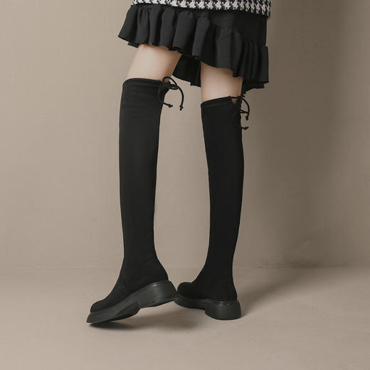 丝滑绒面过膝长靴女2023年秋冬款欧美长筒靴子系带不掉筒弹力袜靴 商品图3