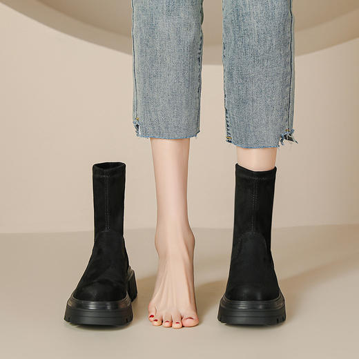 擦色短靴女秋冬新款英伦风复古弹力瘦瘦靴厚底短筒靴子绒面骑士靴 商品图5