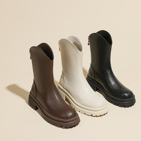 V口显直2023年新款短靴女圆头复古粗跟短筒瘦瘦靴马丁靴子女单靴