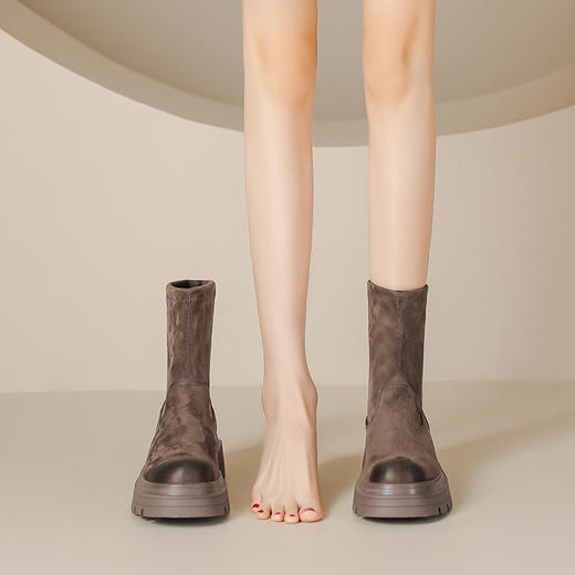 擦色短靴女秋冬新款英伦风复古弹力瘦瘦靴厚底短筒靴子绒面骑士靴 商品图1