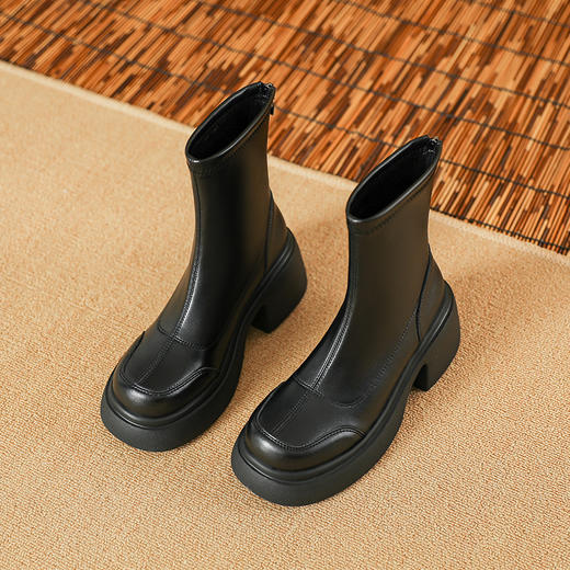 短靴女后拉链高跟时装靴轻底防水台韩版显瘦厚底增高粗跟小皮靴 商品图7
