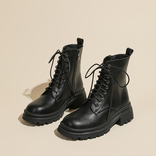 机车辣妹 系带短靴女2023秋冬款粗跟厚底英伦风马丁靴短筒靴子女 商品图5