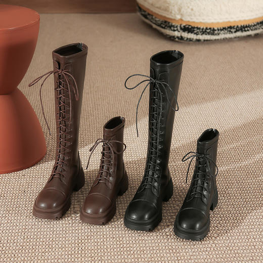马丁靴长靴女2022秋冬季复古英伦风高筒系带加绒圆头不过膝骑士靴 商品图3