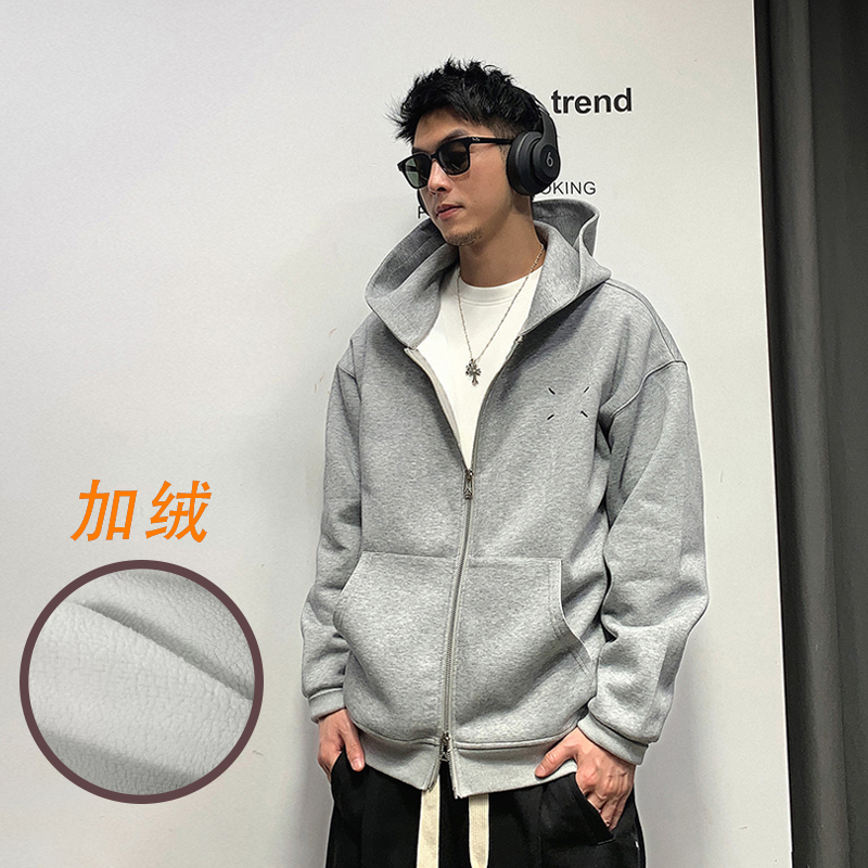 徐太浪开衫连帽加绒卫衣男秋冬美式潮牌纯色简约拉链灰色运动外套