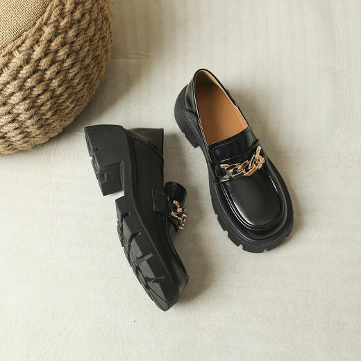 链条小皮鞋女2023春款厚底英伦风粗跟高跟乐福鞋圆头一脚蹬单鞋 商品图3