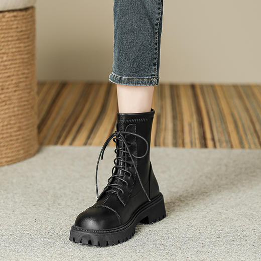 2023秋冬款短靴英伦风圆头粗跟短筒靴子女系带马丁靴经典款女靴子 商品图6