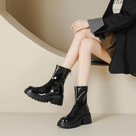 小个子女生增高厚底短靴女秋冬短筒7cm高跟漆皮粗跟瘦瘦靴防水台 商品图1