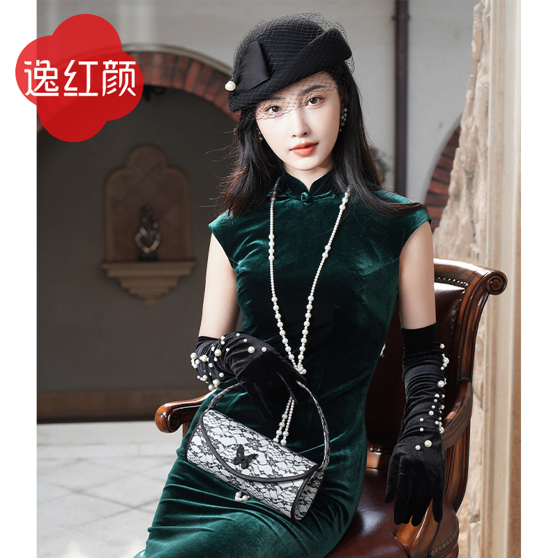 逸红颜 静沐 2026年新款弹力丝绒纯色经典婚宴四季礼服长旗袍