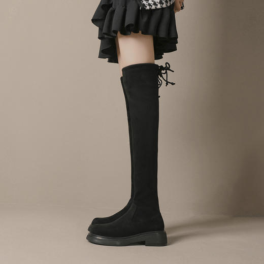 丝滑绒面过膝长靴女2023年秋冬款欧美长筒靴子系带不掉筒弹力袜靴 商品图2