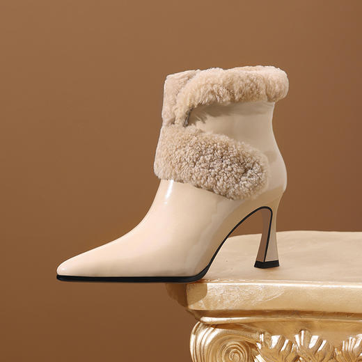 优雅个性，尖头真皮拼接真毛内里高跟短靴SJS-D817-948 商品图5