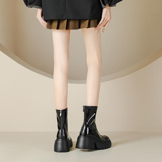 小个子女生增高厚底短靴女秋冬短筒7cm高跟漆皮粗跟瘦瘦靴防水台 商品图2