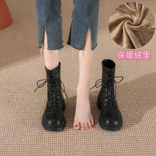 白色系带马丁靴短靴女2023秋冬新款英伦风厚底粗跟长靴后拉链靴子 商品图8