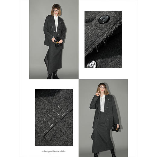 COCOBELLA知识分子风手工贡针毛呢西装女宽肩毛边西服SI3009 商品图2