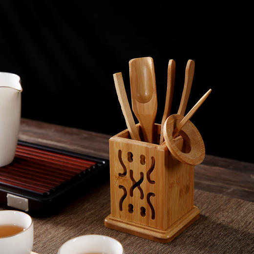 信德丨竹制茶道六君子 楠竹 
 四方茶字/四方镂空 茶勺茶则茶夹茶针茶漏茶筒 商品图2