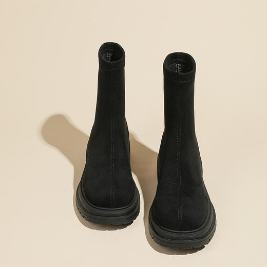 丝滑绒面短靴女2023秋冬款复古圆头短筒靴子英伦风粗跟女生瘦瘦靴 商品图1