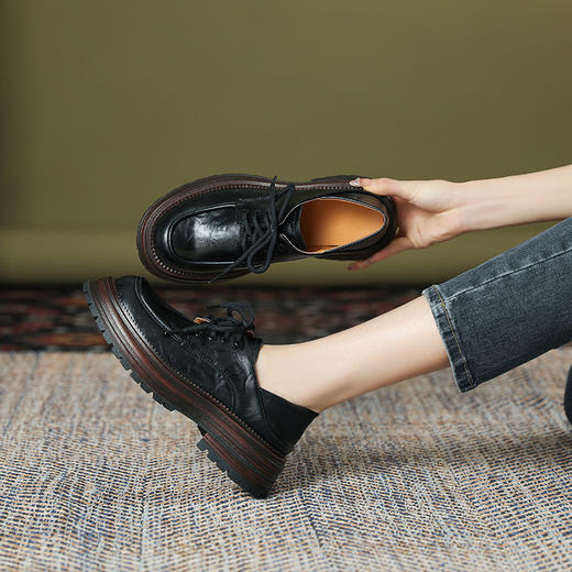 厚底小皮鞋女英伦风2025春夏新款单鞋圆头粗跟甜酷女生系带乐福鞋 商品图1