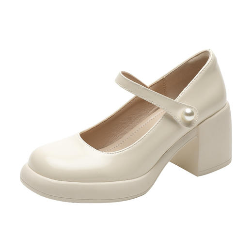 真皮玛丽珍鞋粗跟单鞋女2023春季新款高跟鞋珍珠扣复古浅口仙女鞋 商品图4