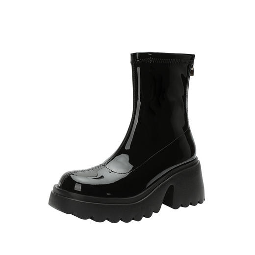 小个子女生增高厚底短靴女秋冬短筒7cm高跟漆皮粗跟瘦瘦靴防水台 商品图4