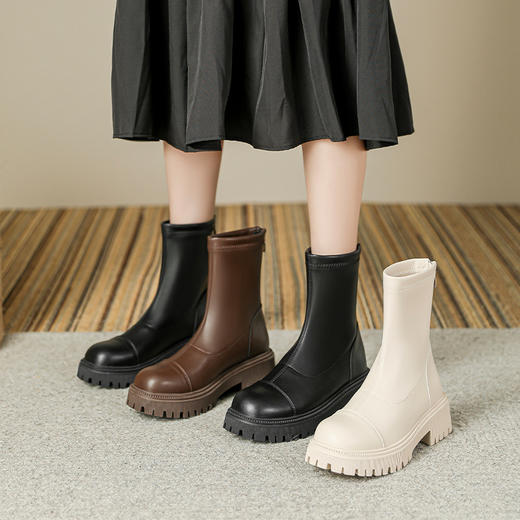 百搭显瘦短靴女2023秋冬新款粗跟圆头瘦瘦靴简约韩版短筒靴子女 商品图0