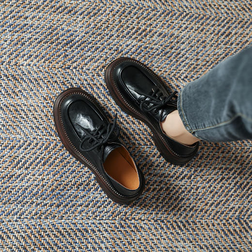 厚底小皮鞋女英伦风2025春夏新款单鞋圆头粗跟甜酷女生系带乐福鞋 商品图2